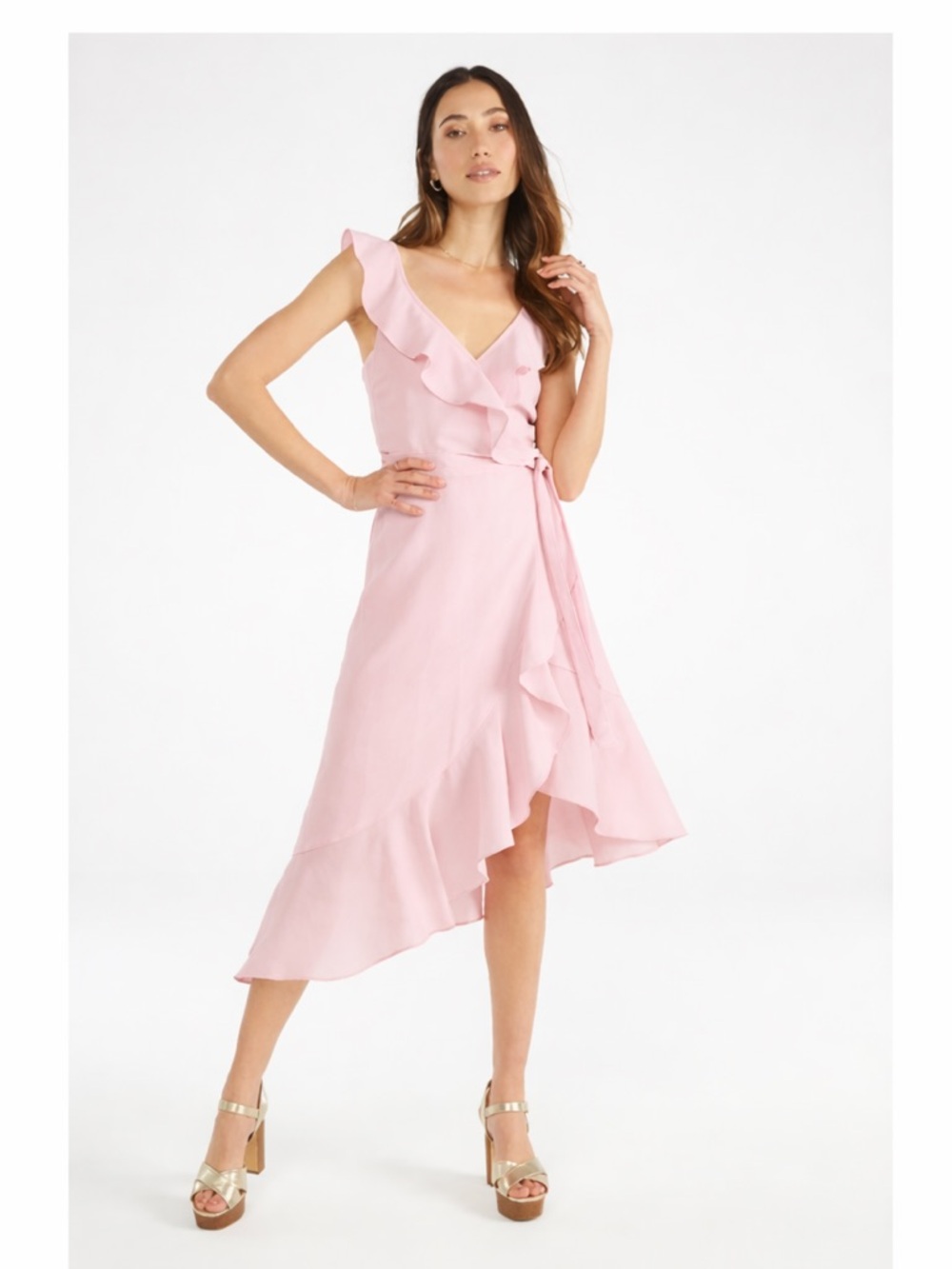 NEW JustFab Blush Pink Ruffle Wrap Midi Dress Asymmetrical Hem Sleeveless Size S